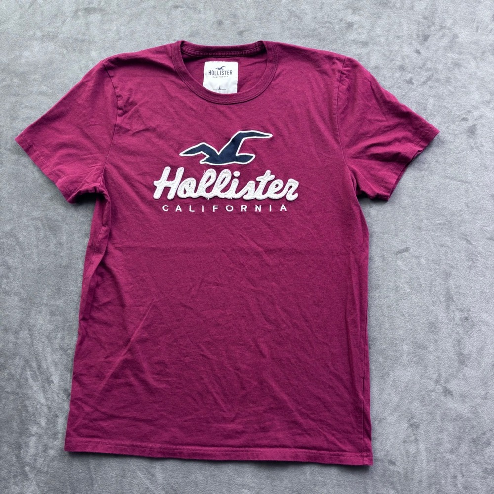 Hollister California Mens Large Burgundy Red Chenille Logo Graphic T-Shirt